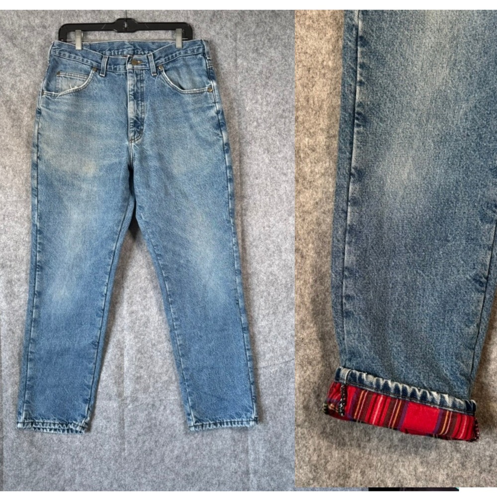 L.L. Bean Bootcut Jeans with Red Plaid Cuff - Light Blue Denim